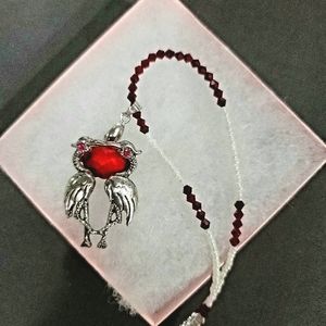 SILVER &RUBY RED KISSING CRANE PENDANT ON MATCHING SEED BEAD NECKLACE